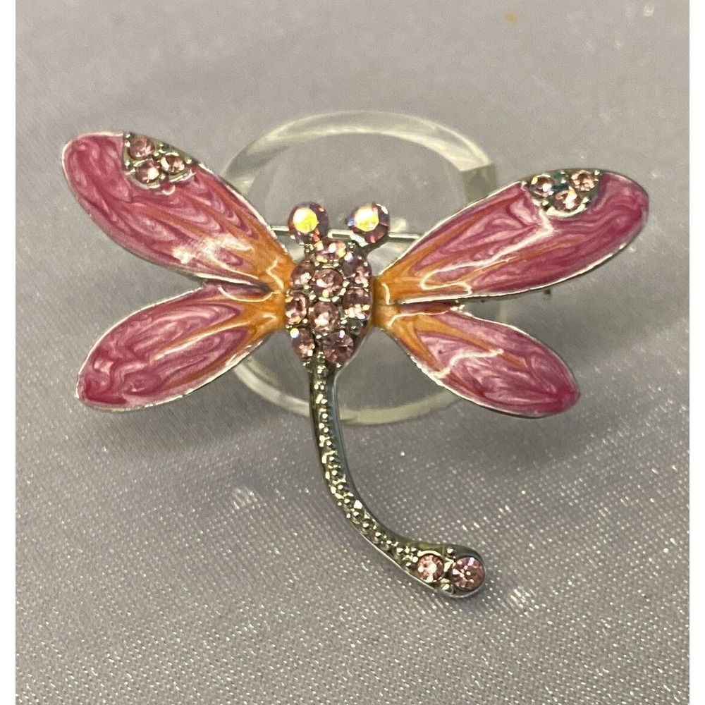 Dragonfly Insect Pink Enamel Rhinestone Silver tone Brooch Pin New Perfect Gift